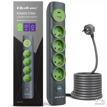 Prelungitor Qoltec 52762 cu întrerupător iluminat, 4 prize cu împământare, 1 x USB-C 15 W, 1 x USB 12 W, 1,8 m