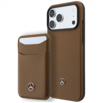 Set husă Mercedes-Benz din piele cu model grilă, MagSafe, și portcard pentru Apple iPhone 18 Pro Max / 17 Pro Max, camel
