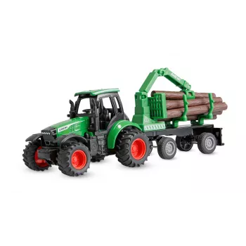 Tractor metalic Amewi cu remorcă forestieră, 1:64, RTR, verde