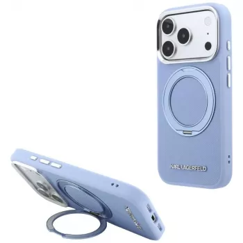 Husă MagSafe Karl Lagerfeld Ring Stand 360 Saffiano Classic Logo pentru Apple iPhone 18 Pro Max / 17 Pro Max, bleu deschis (KF003176)