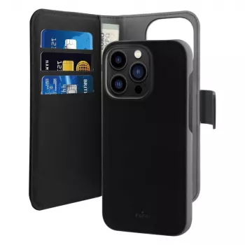 Husă 2 în 1 din piele PU Puro Wallet Detachable MagSafe cu clapetă și portofel pentru iPhone 14 Pro Max, neagră