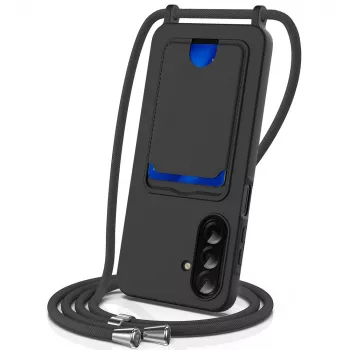 Husă TPU Hurtel pentru Samsung Galaxy A57 5G, cu suport pentru card și șnur crossbody, neagră