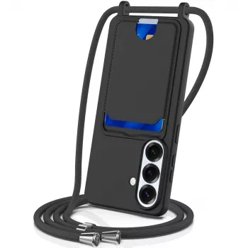 Husă TPU Hurtel pentru Samsung Galaxy S26, cu suport pentru card și șnur crossbody, neagră
