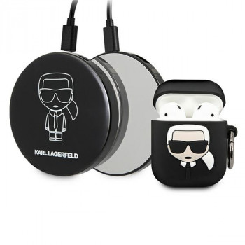 Husă din silicon Karl Lagerfeld Ikonik pentru AirPods 1/2 cu power bank 2000 mAh, neagră