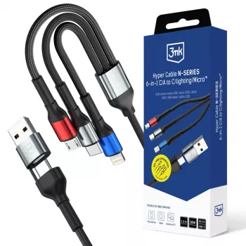 Cablu 3MK Hyper Cable N-SERIES 6 în 1 USB-C / USB-A la USB-C / MicroUSB / Lightning, QC 3.0, 18 W (9 V / 2 A), 1,2 m, negru