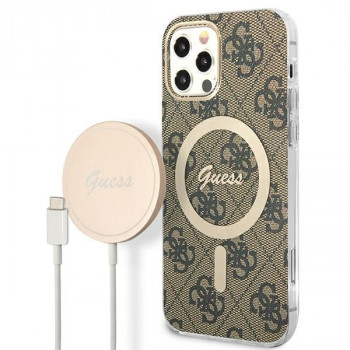 Husă + încărcător wireless Guess GUBPP12MH4EACSW pentru Apple iPhone 12 / iPhone 12 Pro, hardcase maro, 4G Print, MagSafe