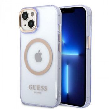 Husă hardcase Guess GUHMP14SHTCMU pentru Apple iPhone 14, mov, Gold Outline Translucent, MagSafe